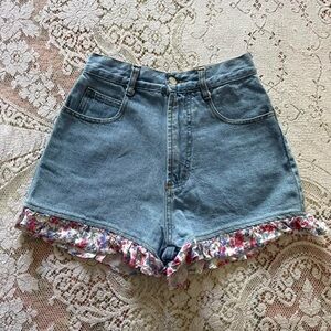 90's dainty girly grunge denim high waist shorts w floral ruffle trim